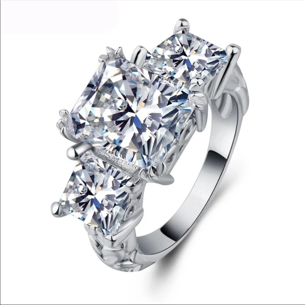 Lux Square CZ 925 Silver Engagement Ring 3 Stone